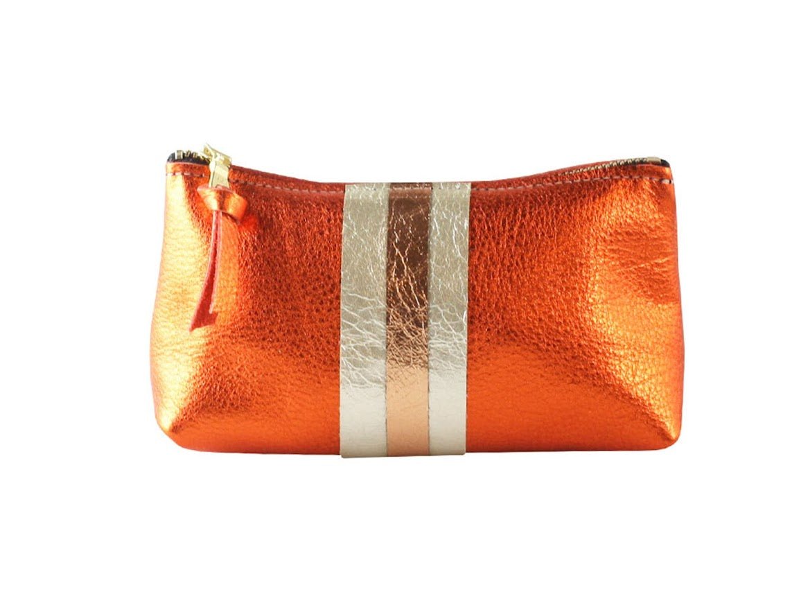 Mango Metallic Leather Makeup Pouch with Platinum and Copper Stripes