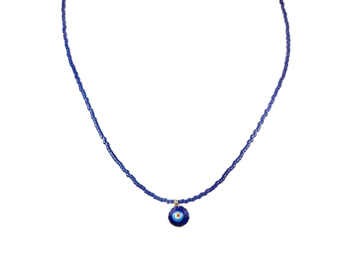 Navy Glass Bead Choker with Navy Evil Eye