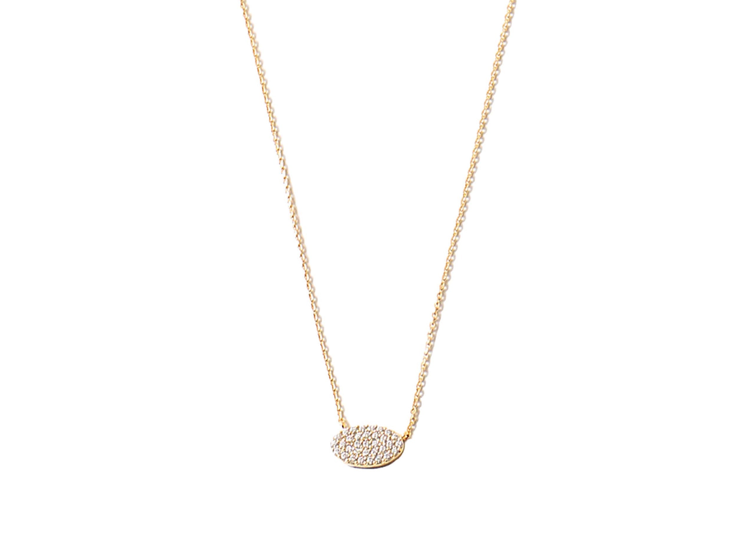 Gold Oval Charm Necklace with CZs