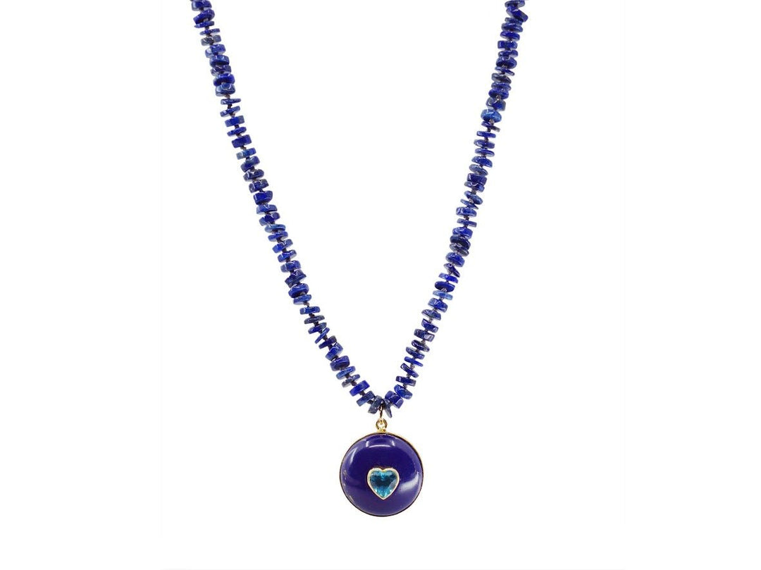 Lapis Heishi Strand Necklace with Lapis and Blue Topaz Heart