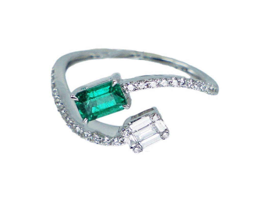 18k Bypass Ring with Diamonds and Emerald