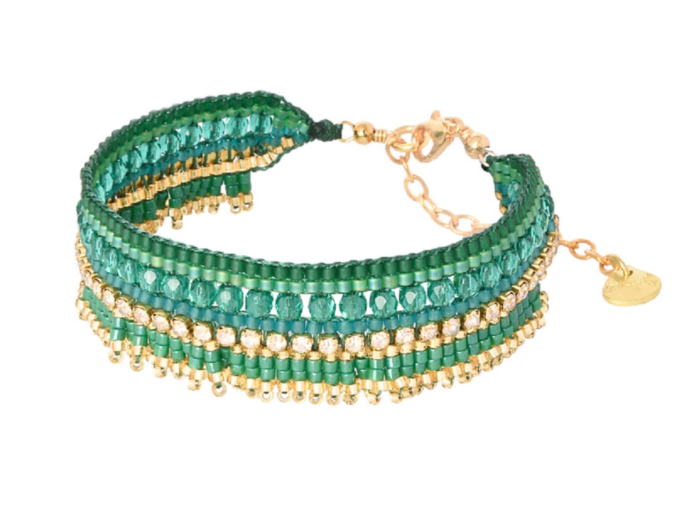 Green Beaded and Crystal Chain Bracelet
