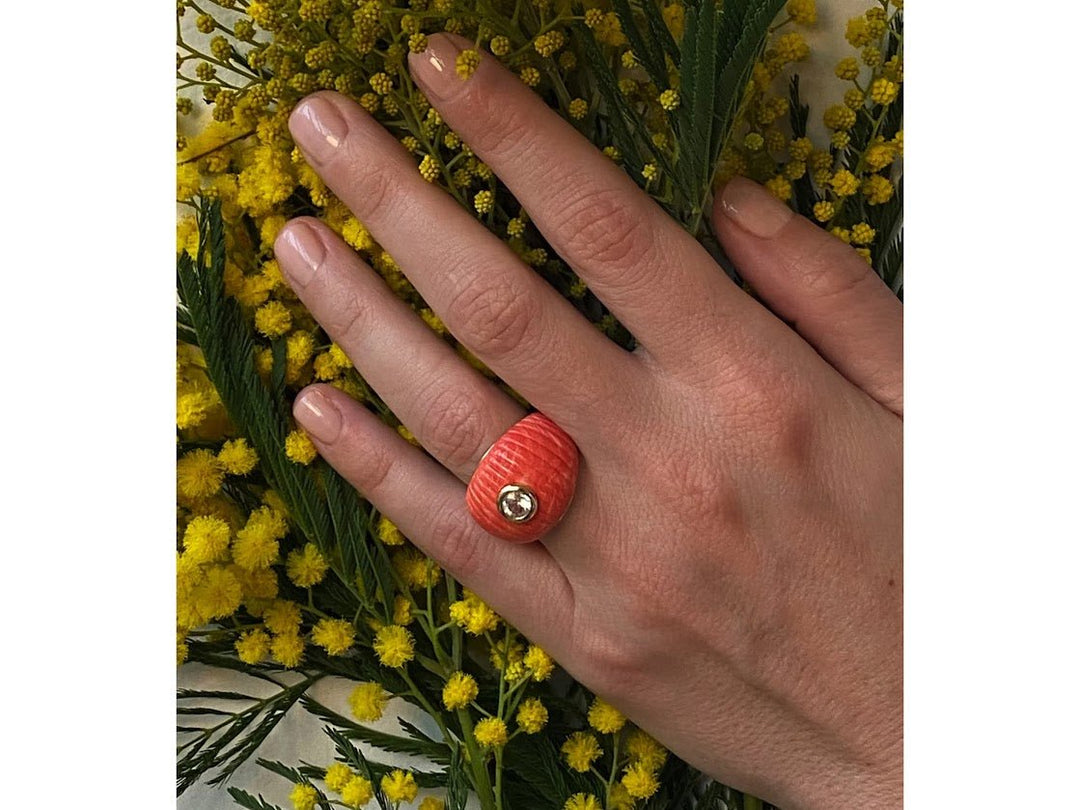 9k Ridged Coral Ring with White Topaz