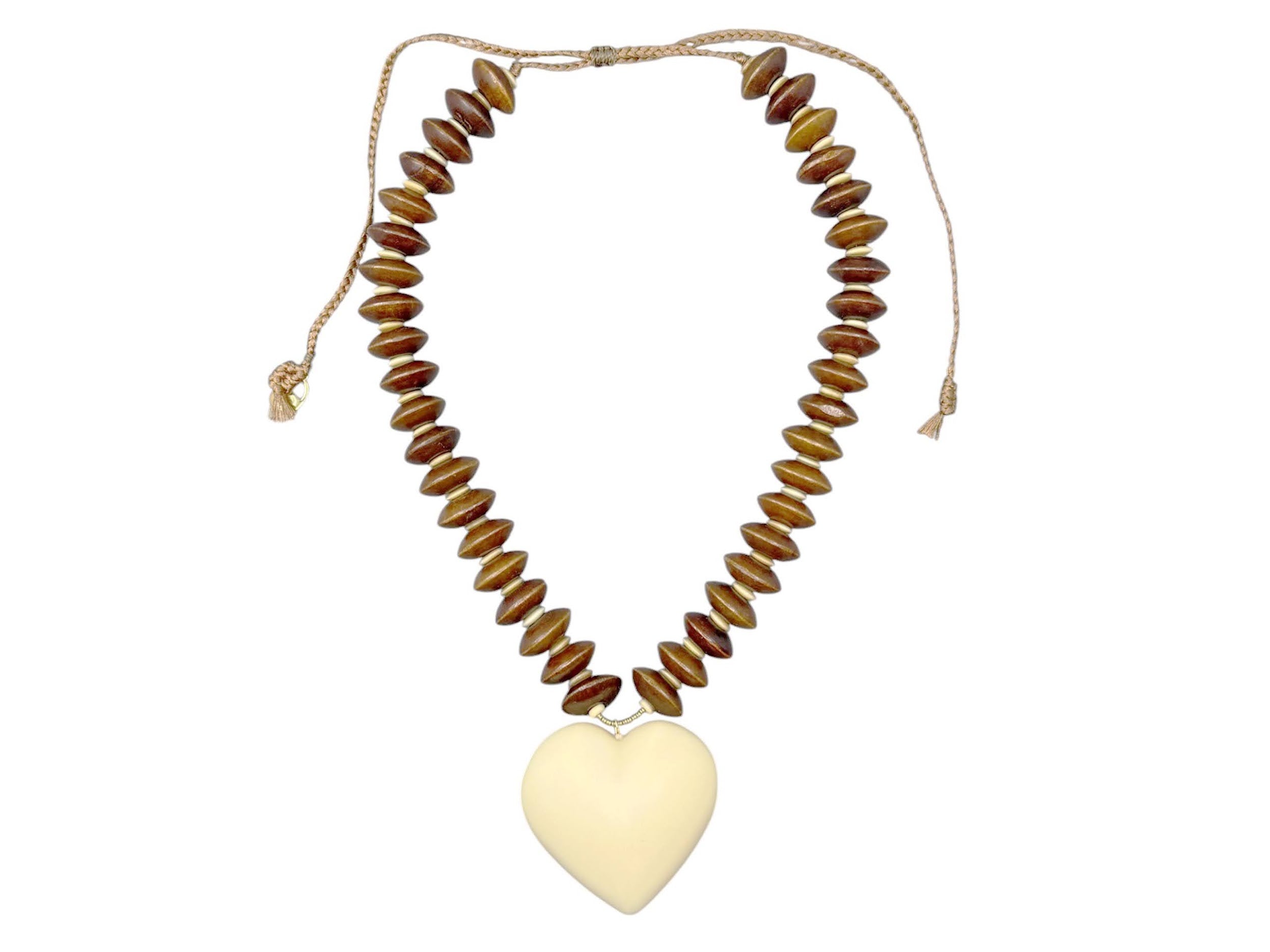 Heart Charm Necklace with Wood Beads