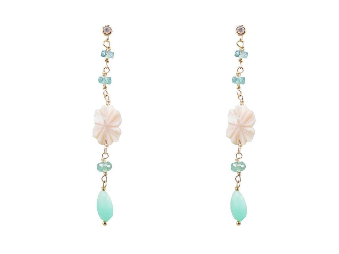 Chrysoprase, Pink Opal, and Tourmaline Chain Earrings