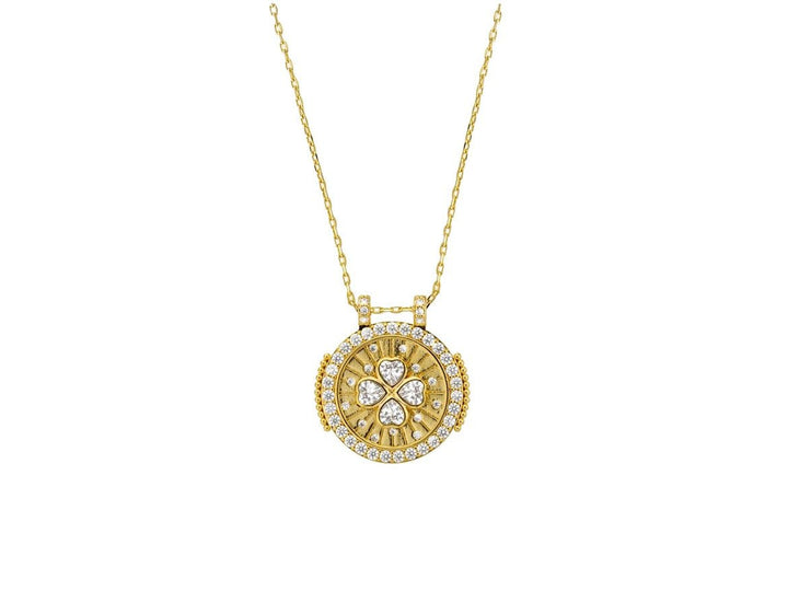 Gold Round Four-Leaf Clover Charm Necklace with CZs