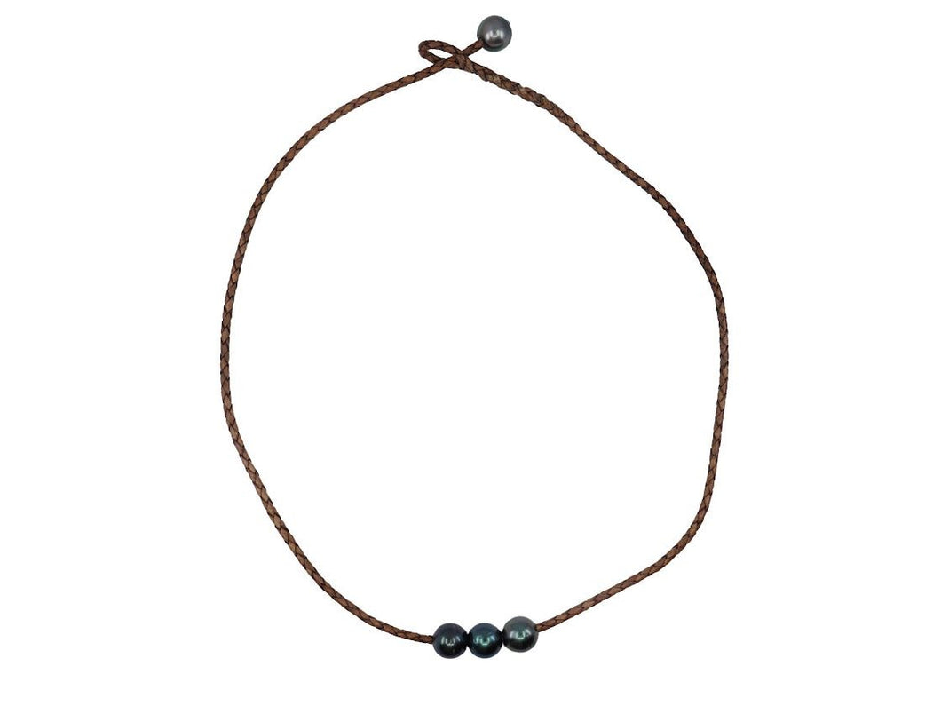Brown Leather Necklace with 3 Dark Gray Tahitian Pearls