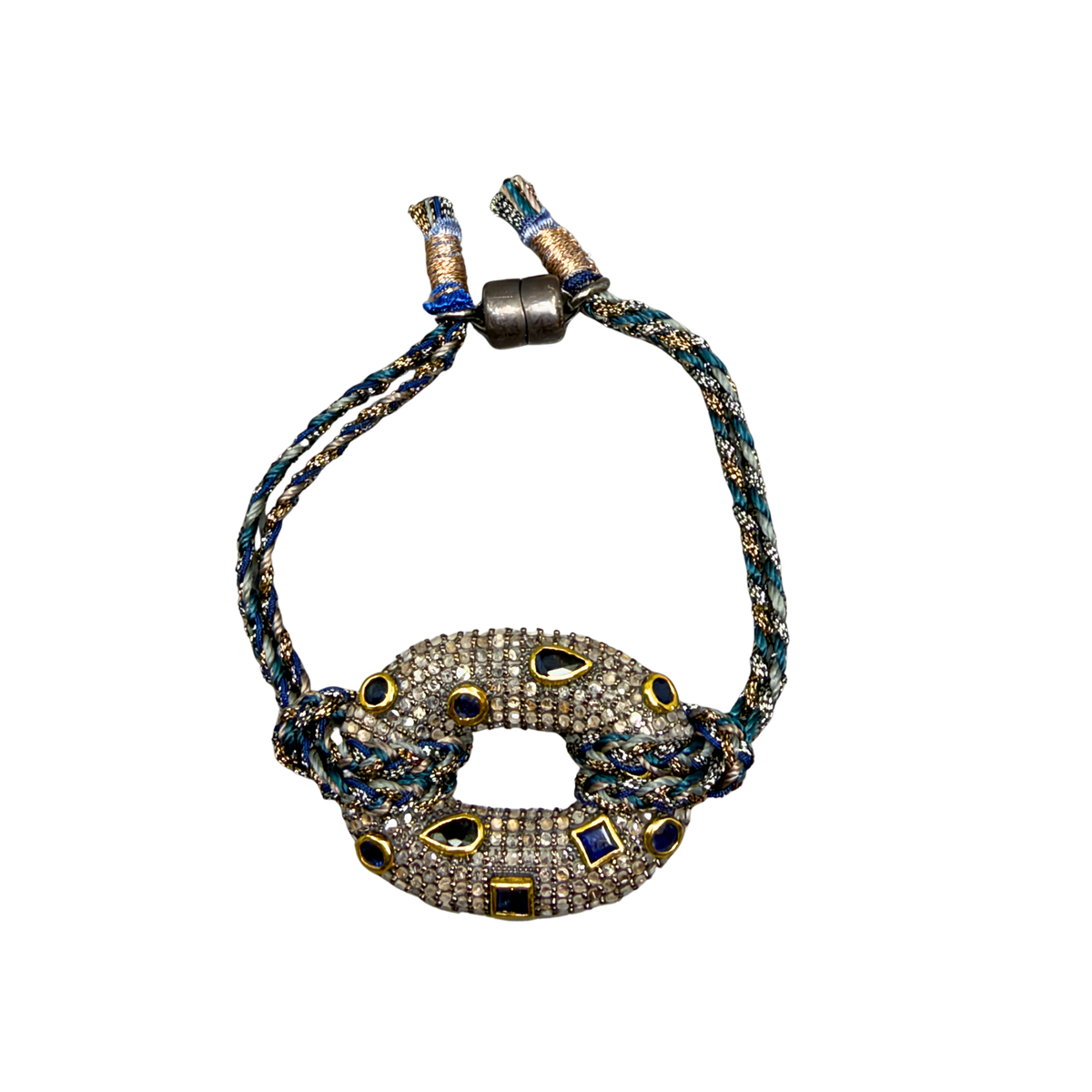 SS and Woven Silk Bracelet with Sapphire and Diamond Link