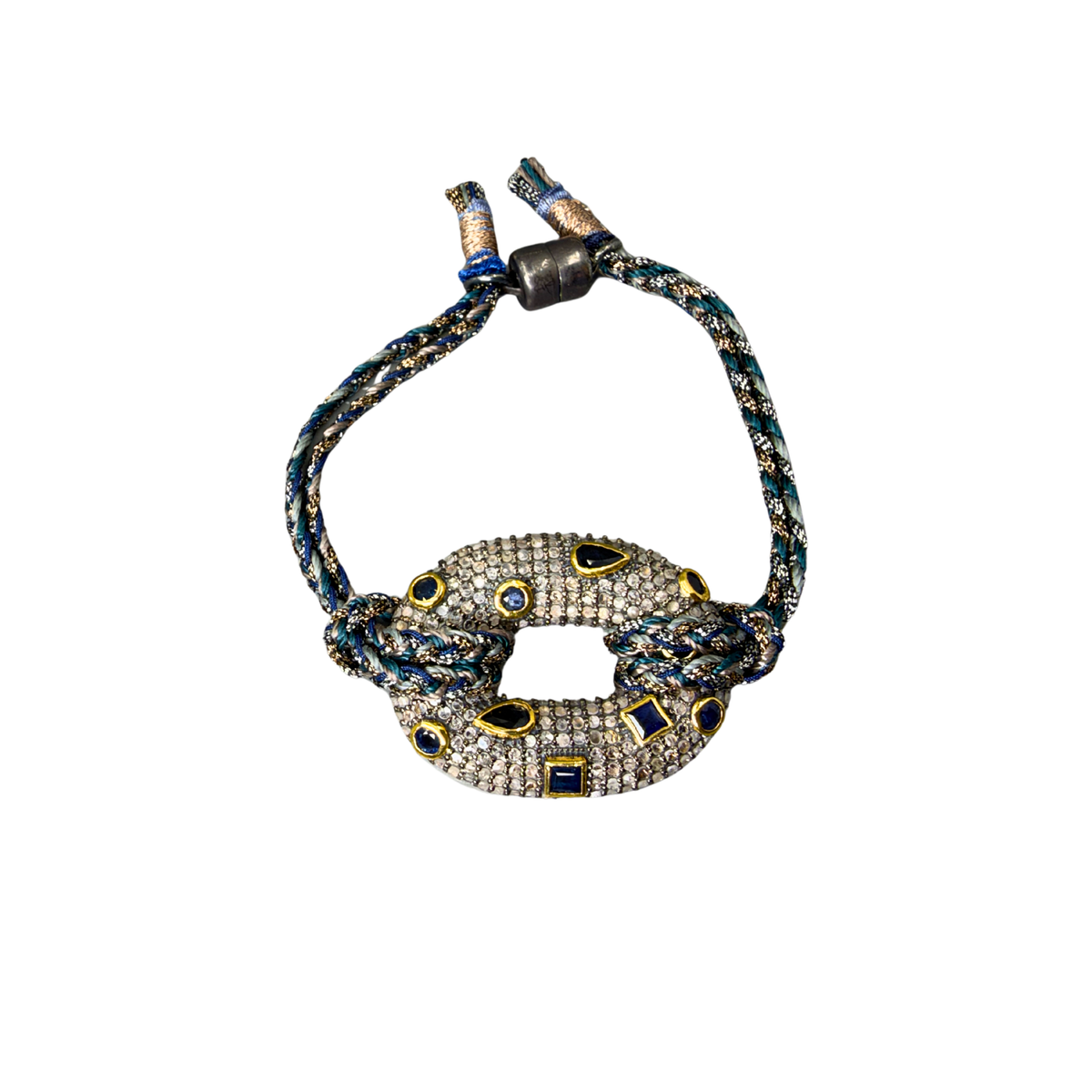SS and Woven Silk Bracelet with Sapphire and Diamond Link