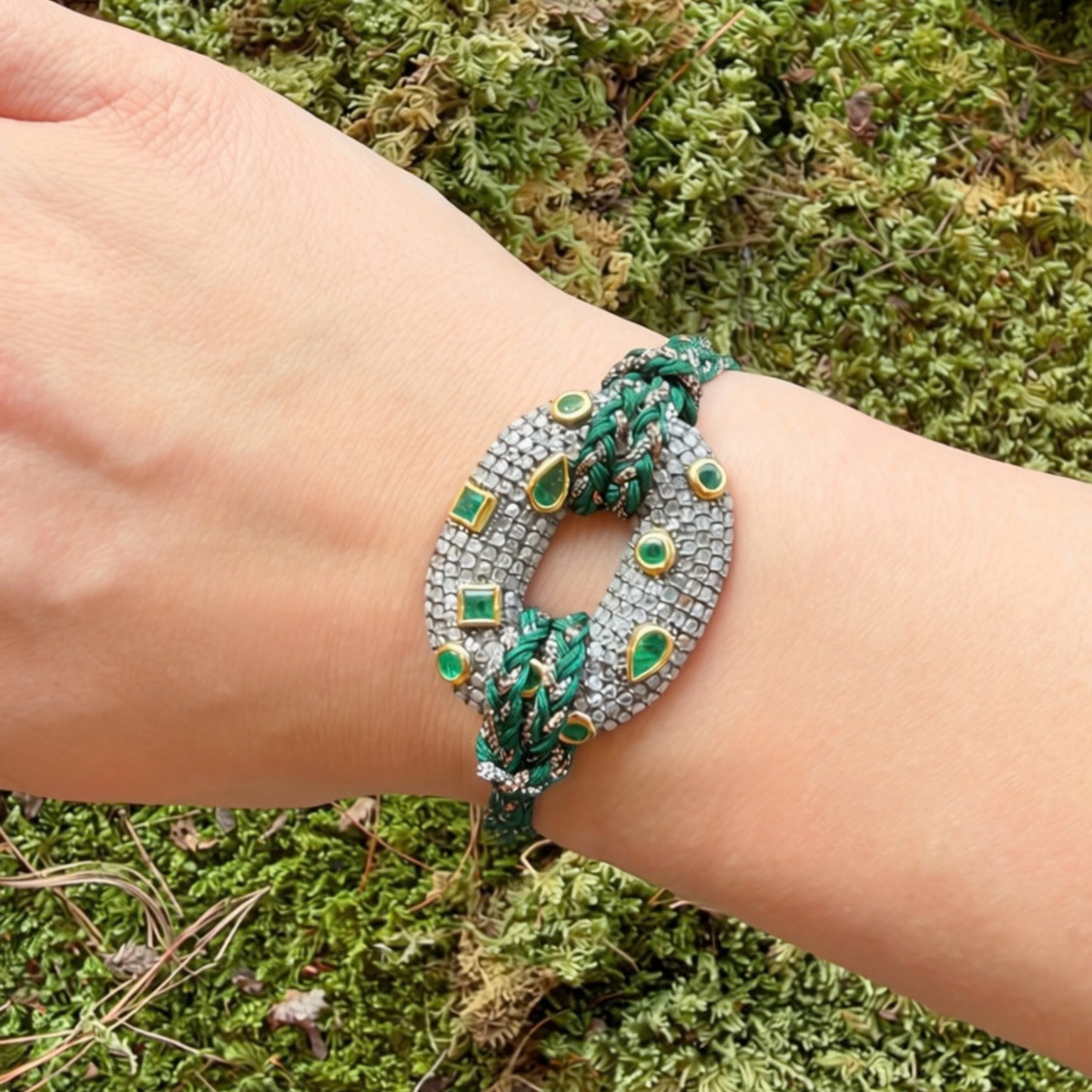 SS and Woven Silk Bracelet with Sapphire and Diamond Link