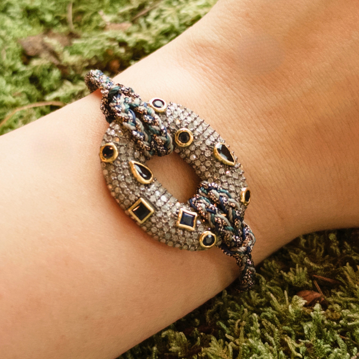 SS and Woven Silk Bracelet with Sapphire and Diamond Link