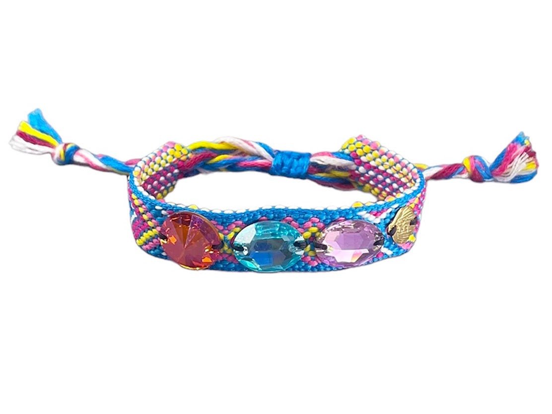 Handwoven Bracelet with Yellow, Pink, Blue, and White Crystals.