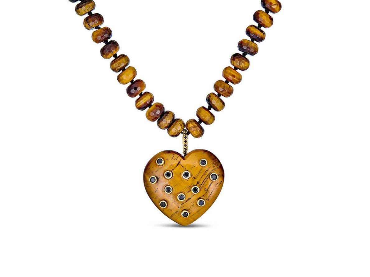 Tiger Eye and CZ Heart Charm Necklace