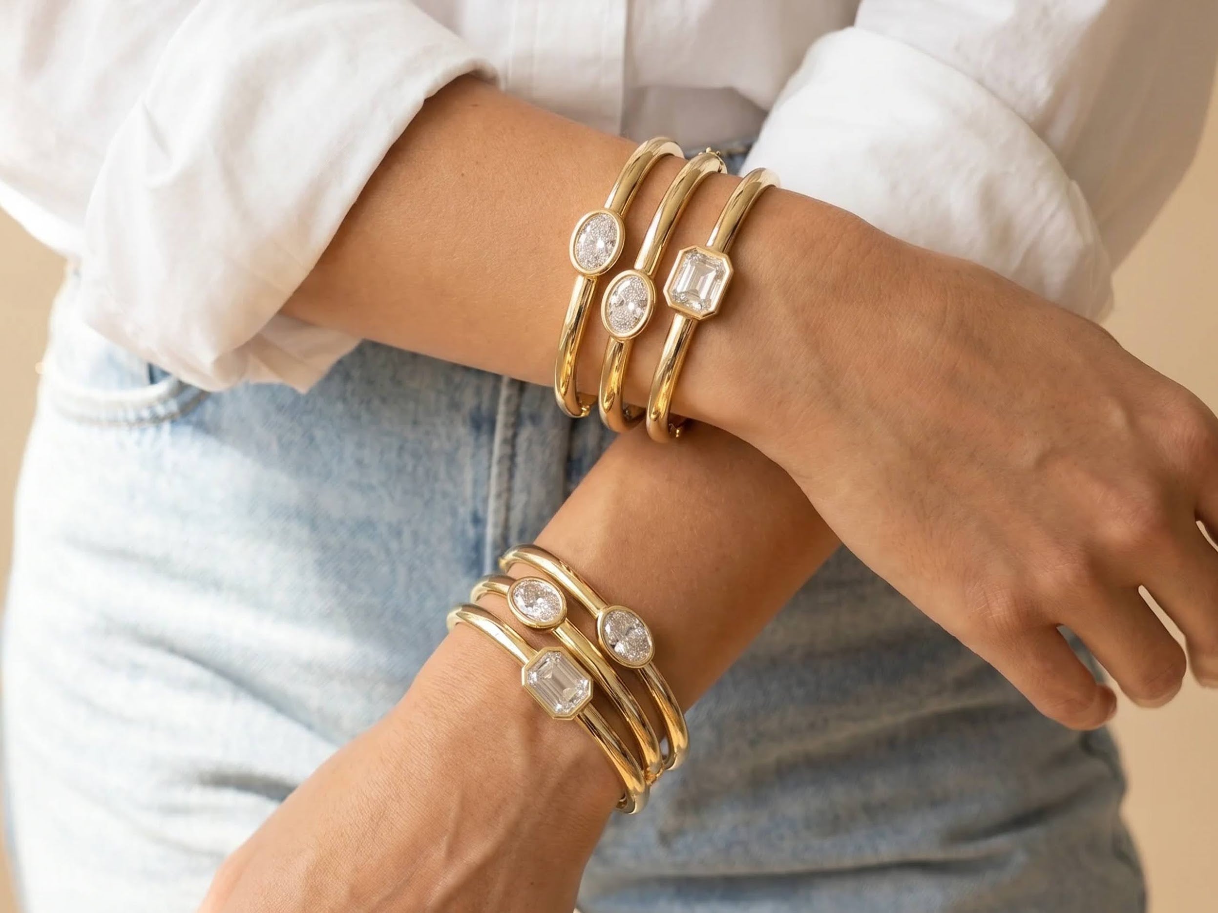 Gold and Rectangular CZ Bangle Bracelet