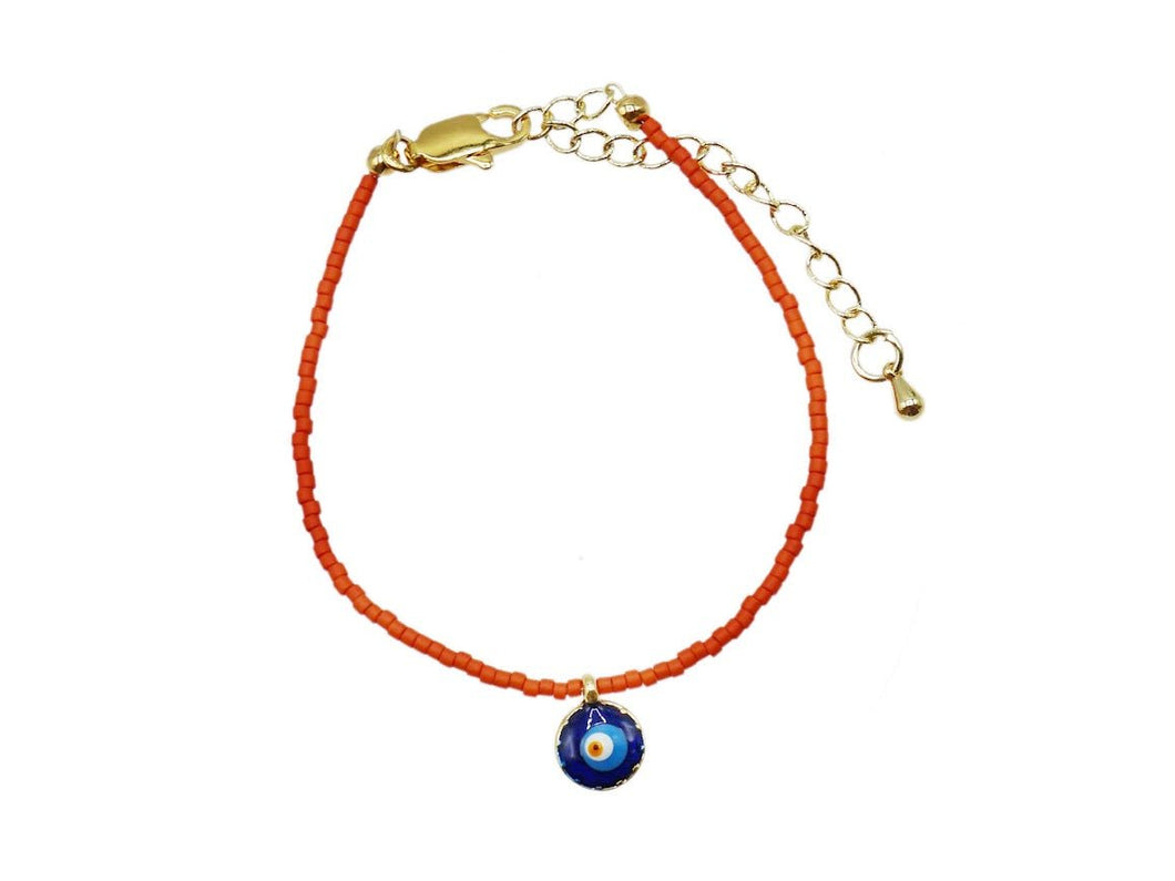 Orange Seed Bead Bracelet with Evil Eye Charm