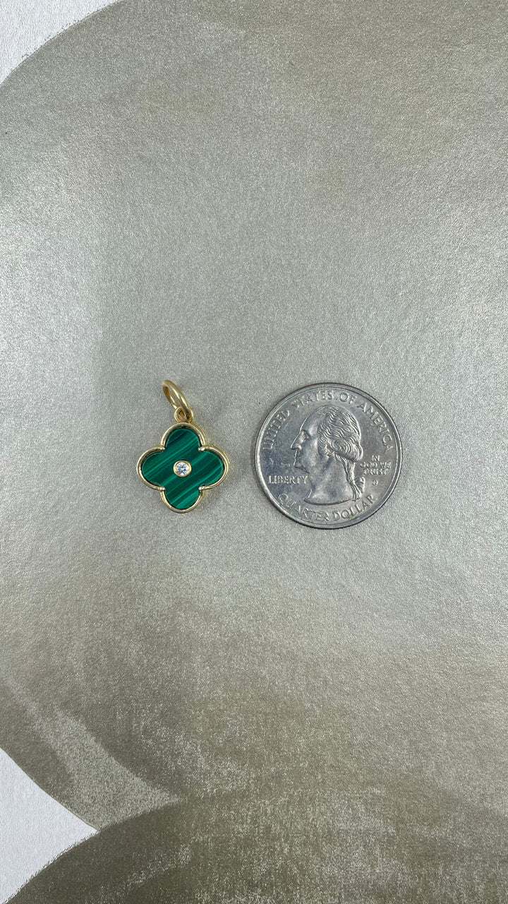 14k Malachite and Diamond Clover Charm