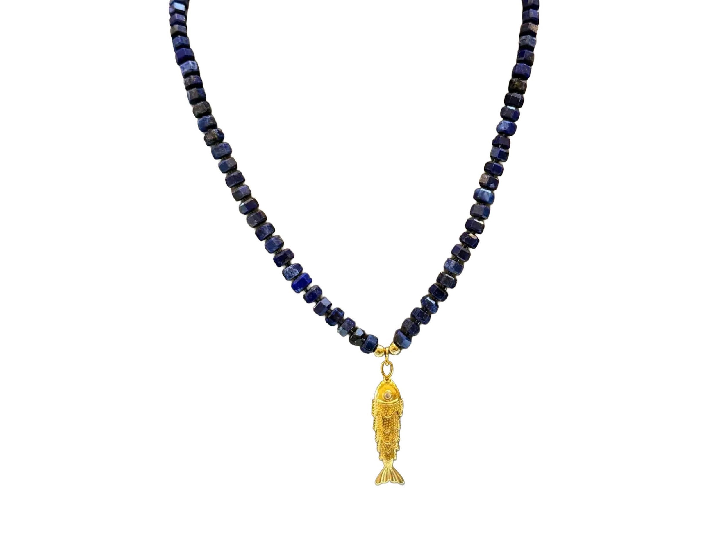 Lapis Necklace with Gold Fish Charm