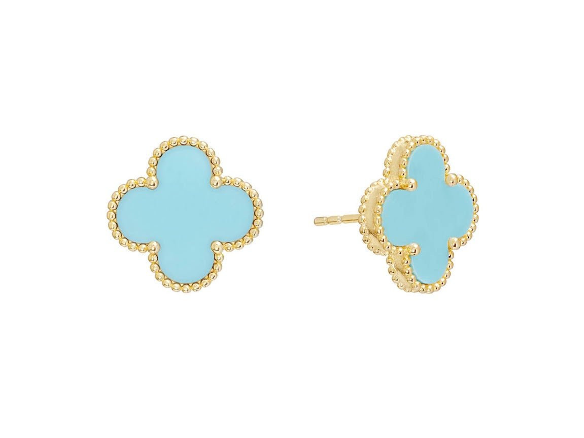 Gold Clover Stud Earrings with Blue Centers