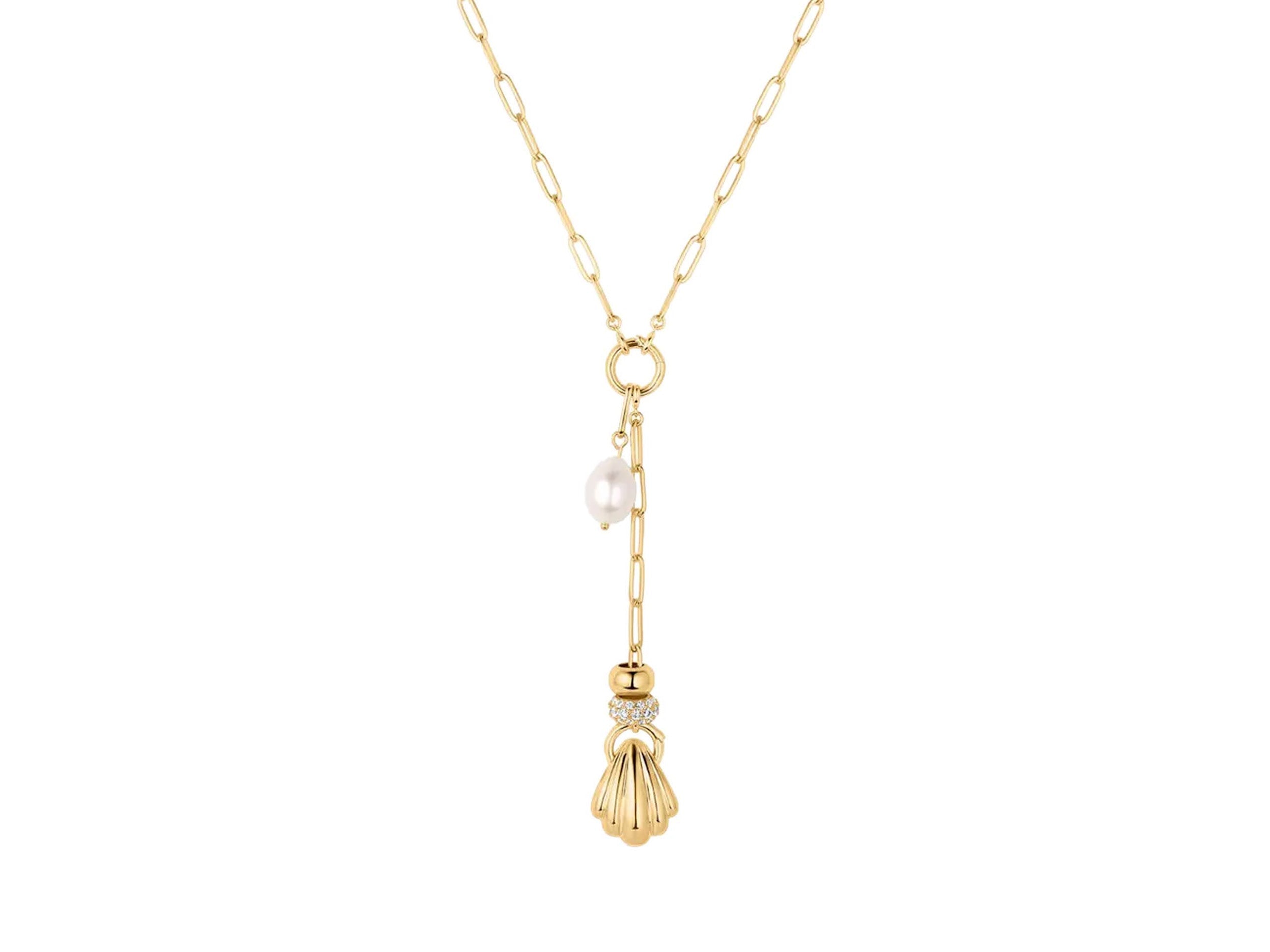 Shell Charm and Pearl Lariat Necklace