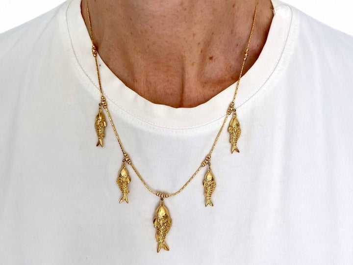 Gold Five Fish Charm Necklace