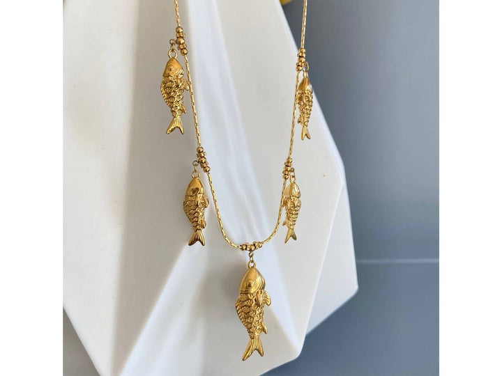 Gold Five Fish Charm Necklace