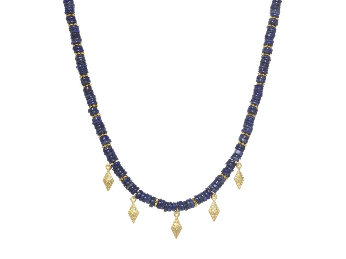 Lapis Heishi Necklace with Filigree Drops