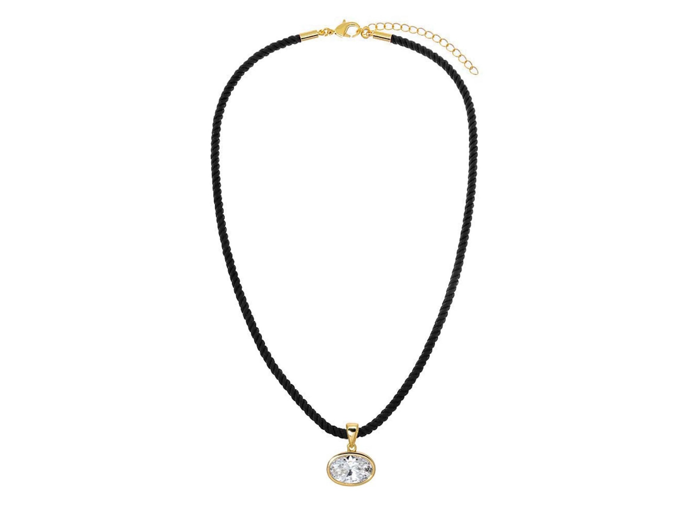 Oval CZ Charm on Black Rope Necklace