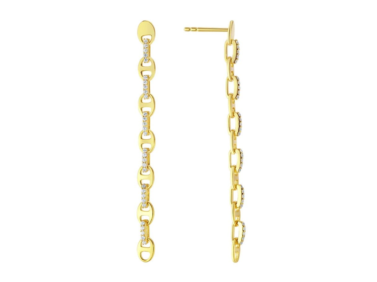 Long Gold Fancy Link Drop Earrings with CZs