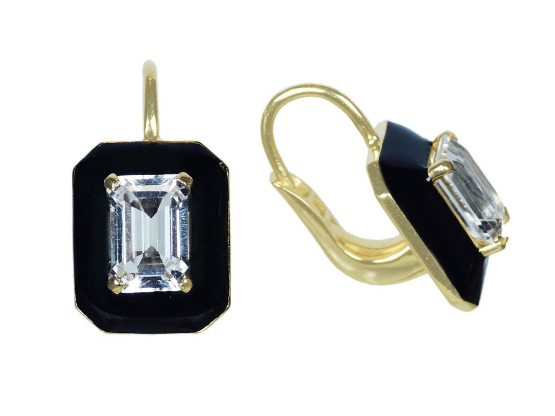 18k Emerald Cut Rock Crystal Earrings with Black Enamel