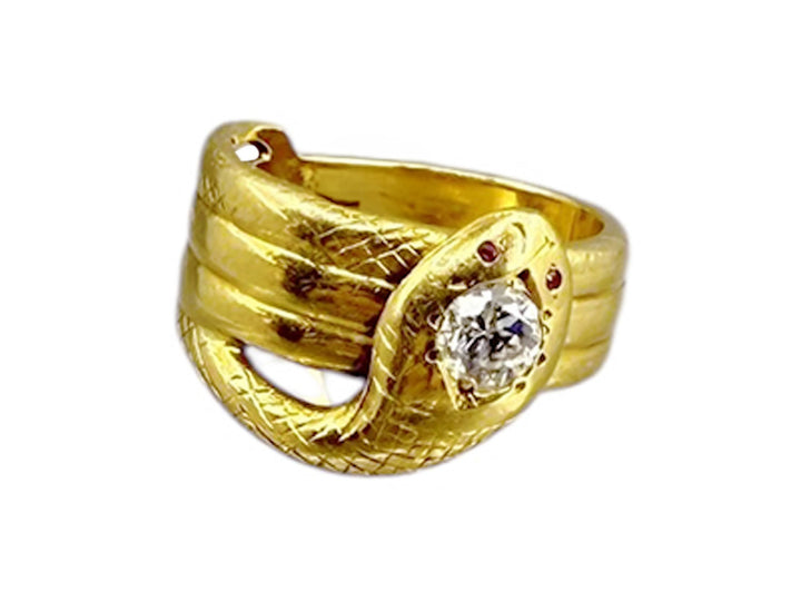 18k Snake Ring with Diamond and Rubies, Circa 1910