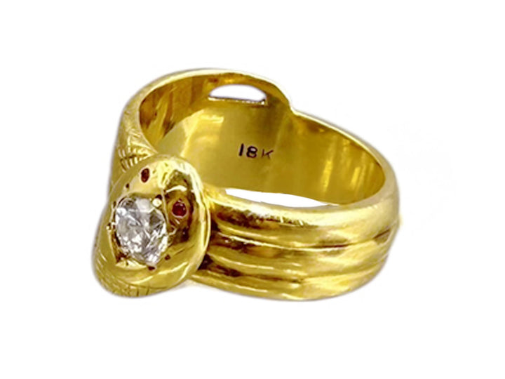 18k Snake Ring with Diamond and Rubies, Circa 1910