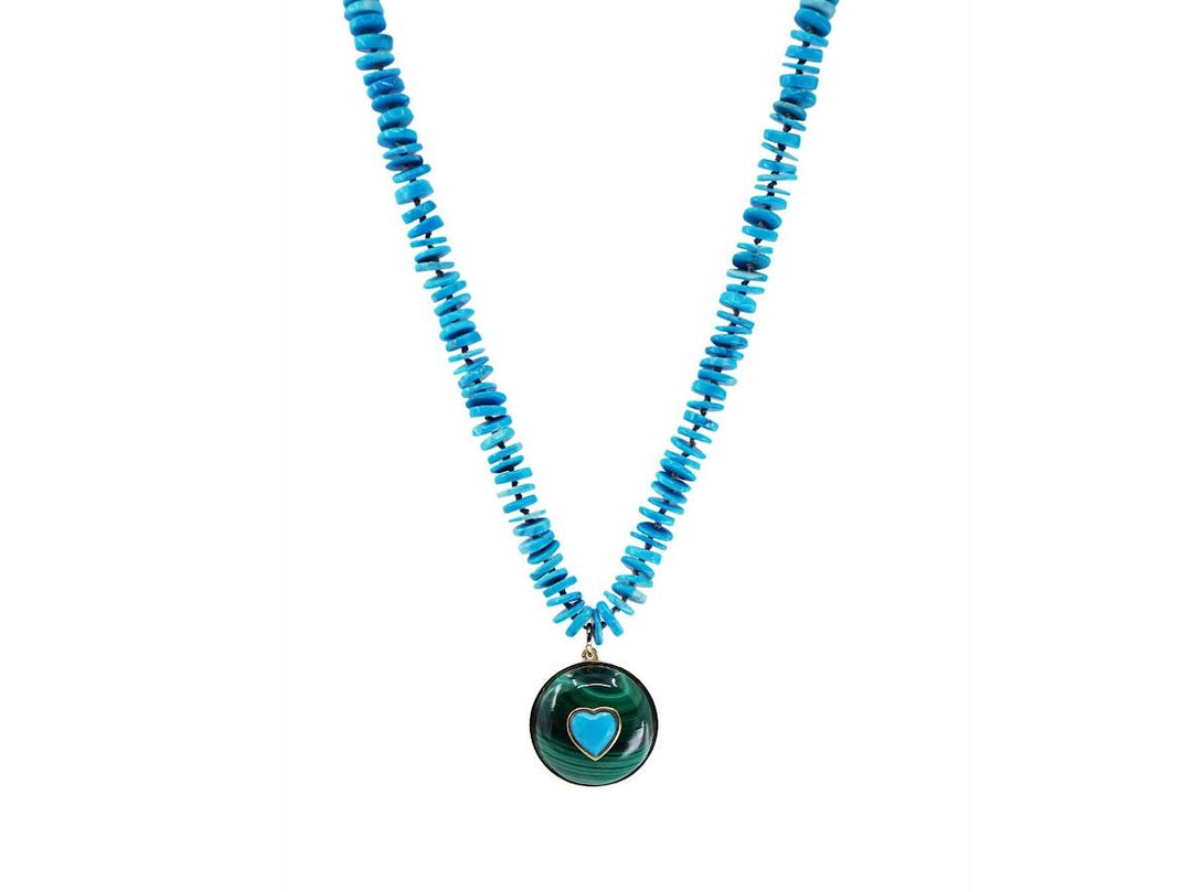 Turquoise Heishi Strand Necklace with Malachite and Turquoise Heart