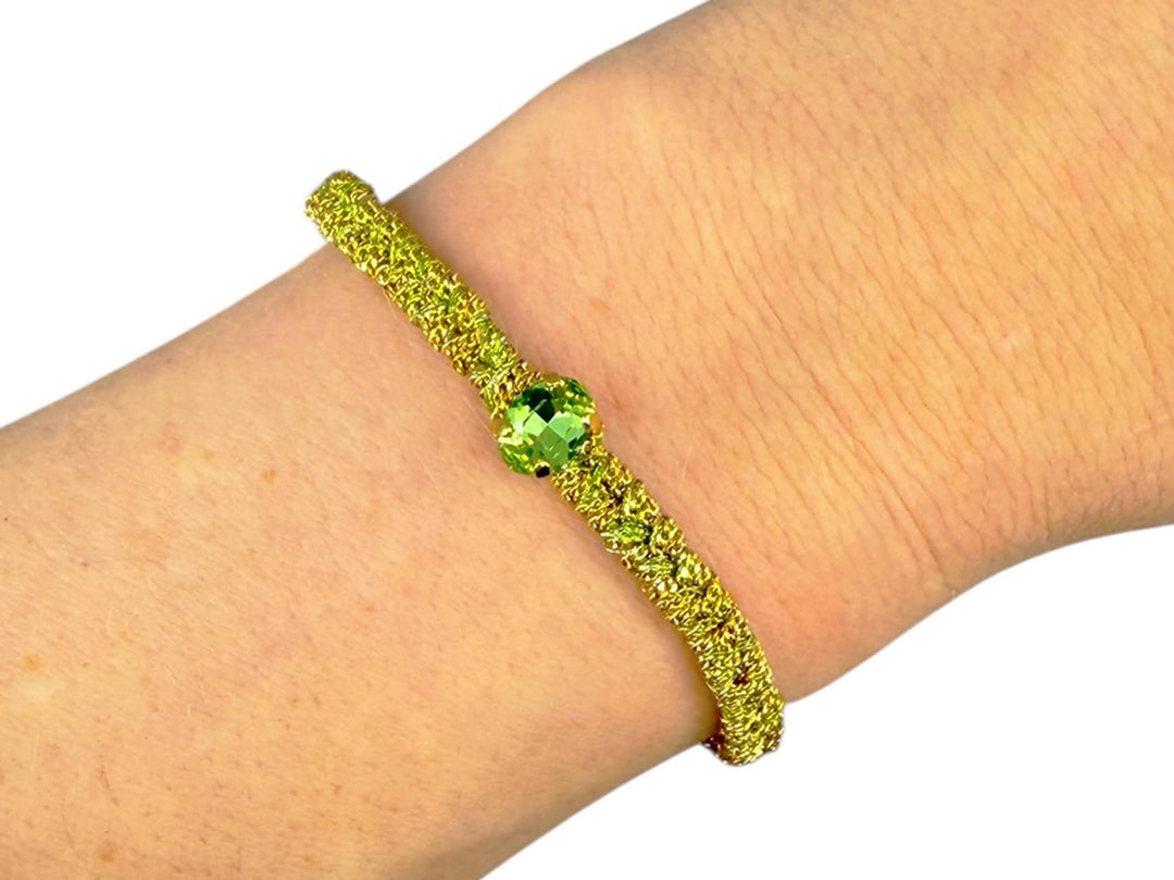 Woven Chain Bracelet with Green Thread and Crystal