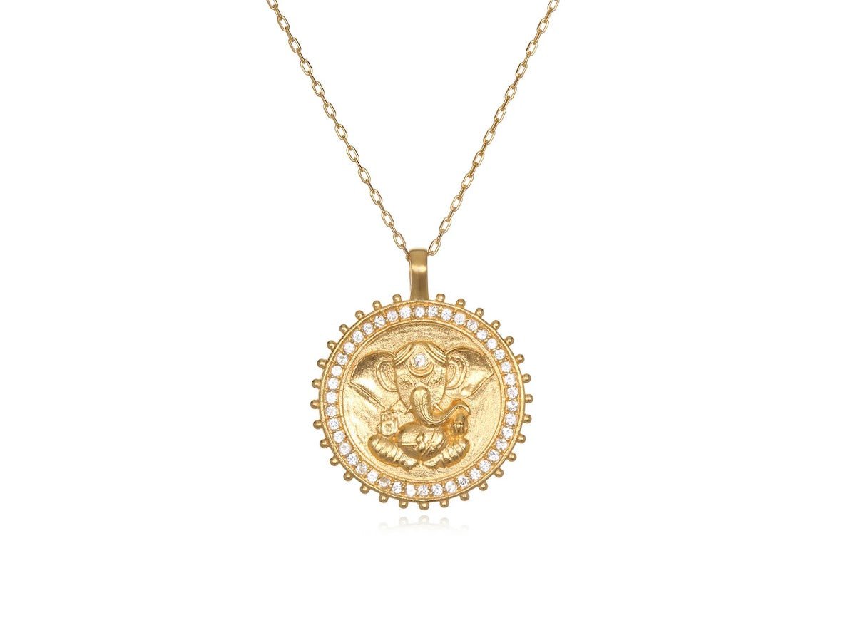 Gold Ganesha Charm Necklace with White Topaz.
