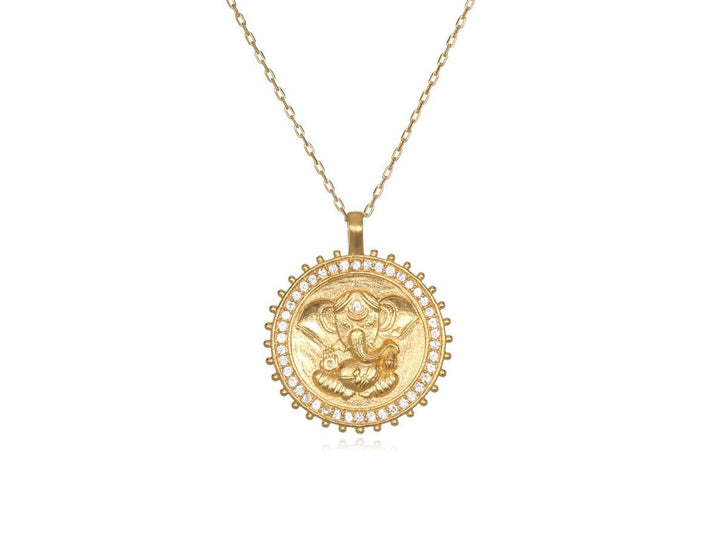 Gold Ganesha Charm Necklace with White Topaz