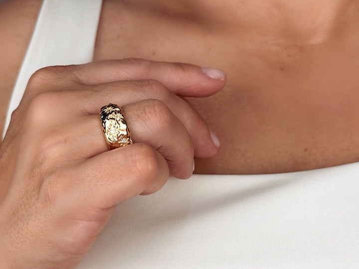 Hammered Moon Ring with CZs