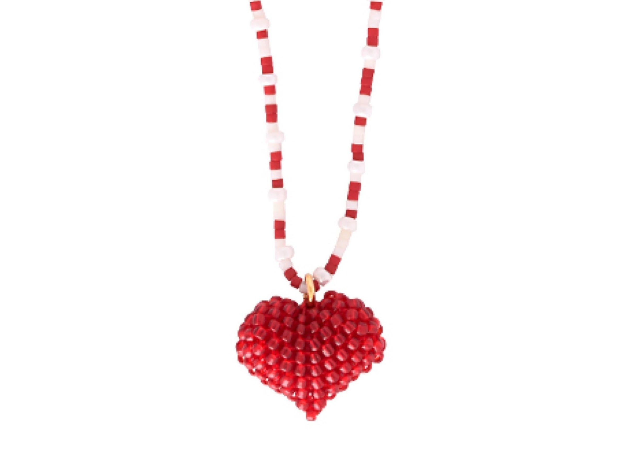 Red and White Beaded Heart Necklace