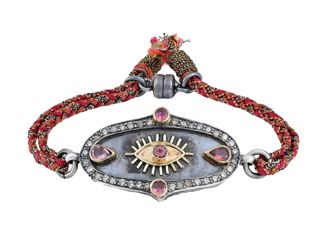 SS/10k Gold Evil Eye Shield Bracelet with Pink Tourmalines and Diamonds