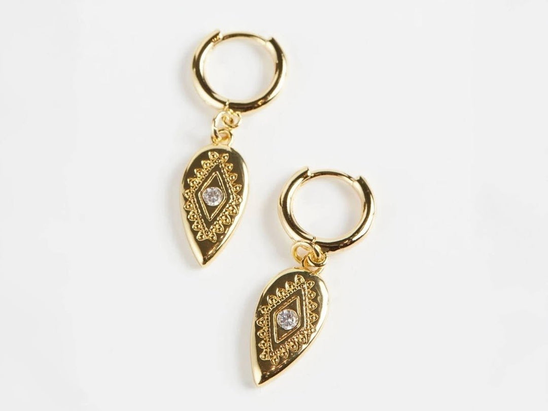 Gold Paisley Evil Eye Charm Hoop Earrings