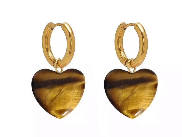 Tiger Eye Heart Huggie Hoop Earrings
