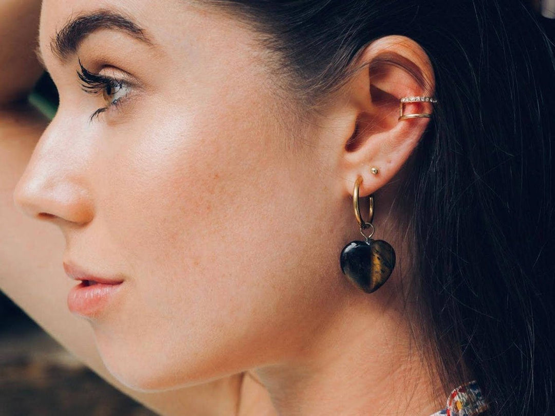 Tiger Eye Heart Huggie Hoop Earrings