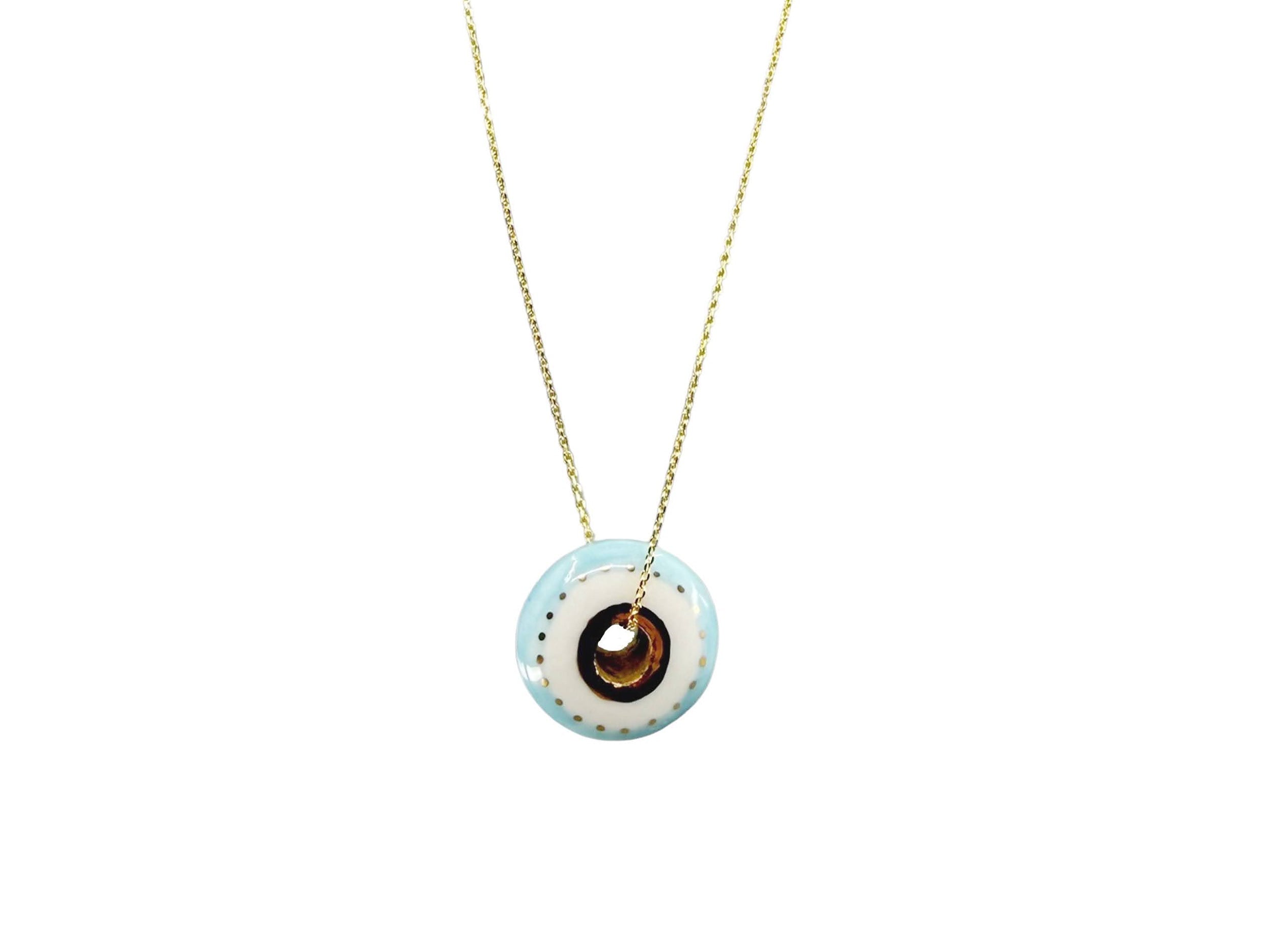 Handpainted Italian Porcelain Aqua and White Evil Eye Disc Charm