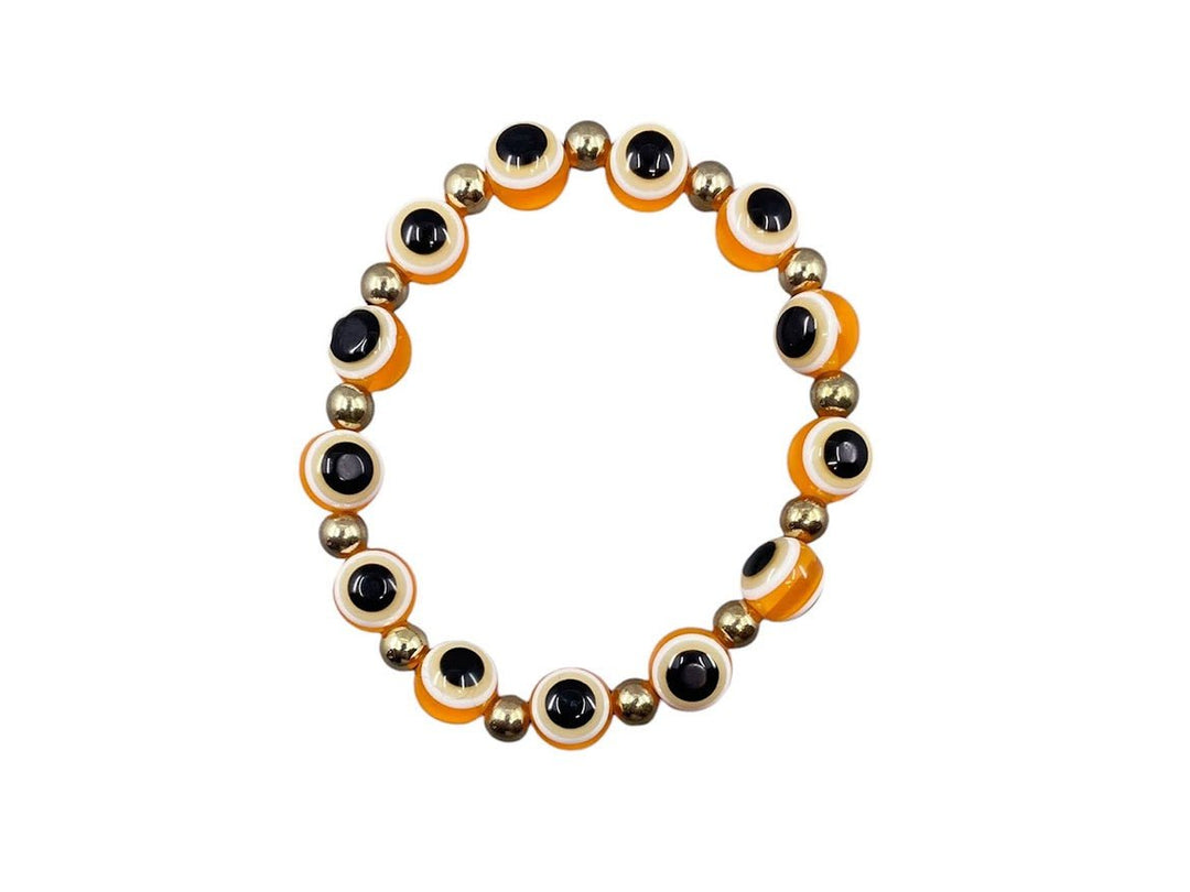 Gold Bead Bracelet with Orange Glass Evil Eye Beads