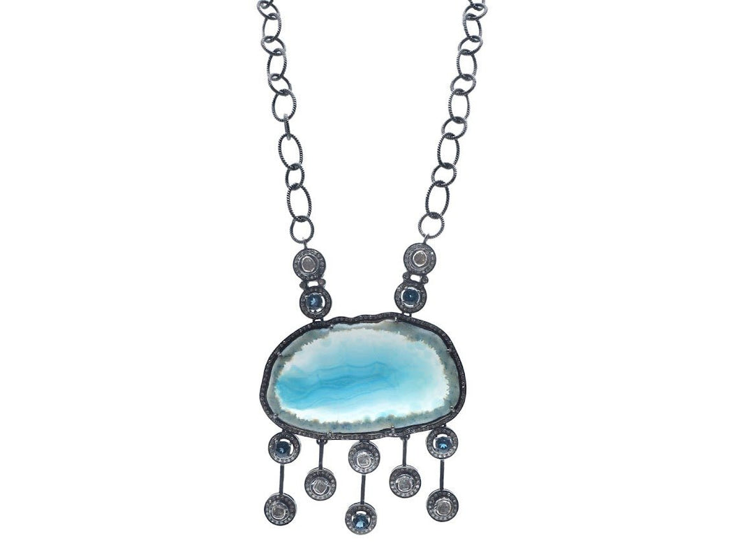 14k Blue Agate and Labradorite Necklace with Rose Cut Diamonds