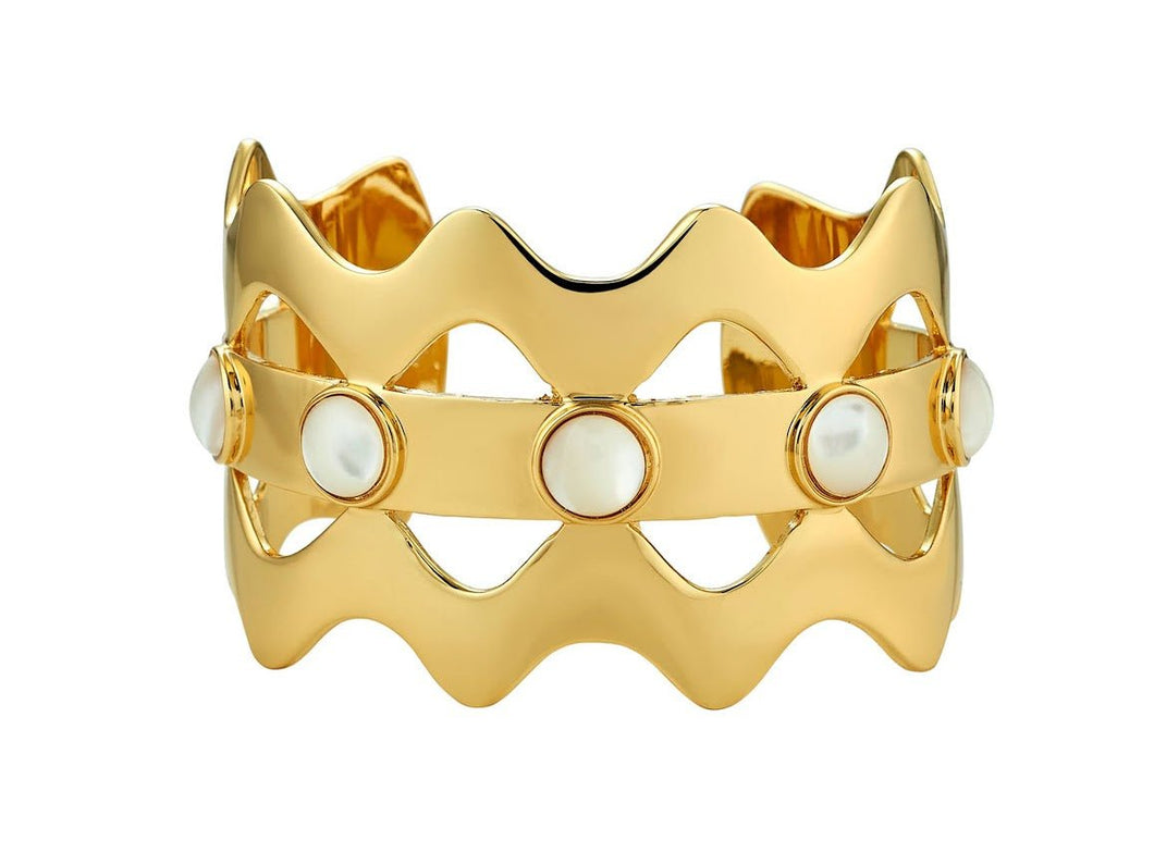 Gold Wavy Cuff with Mother of Pearl Cabochons