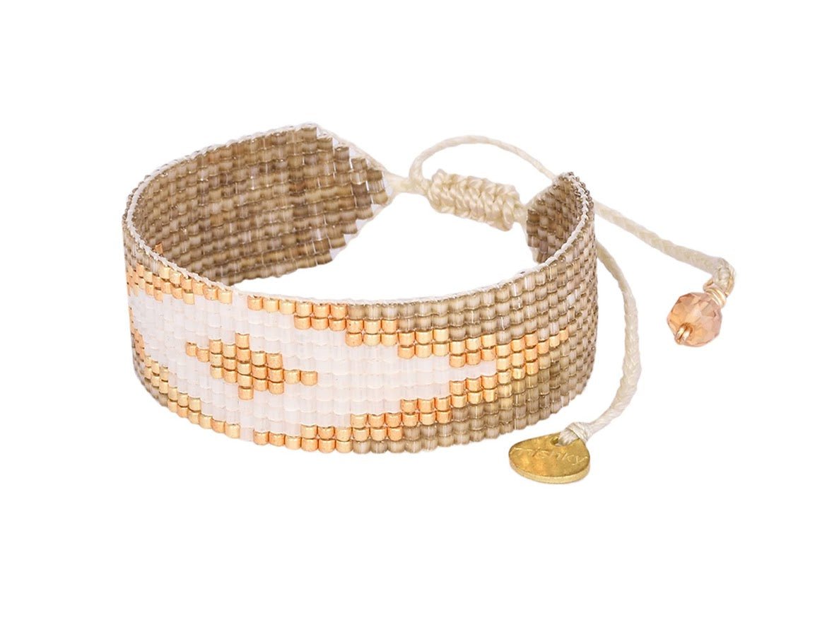 Tan, Gold, and White Beaded Bracelet.