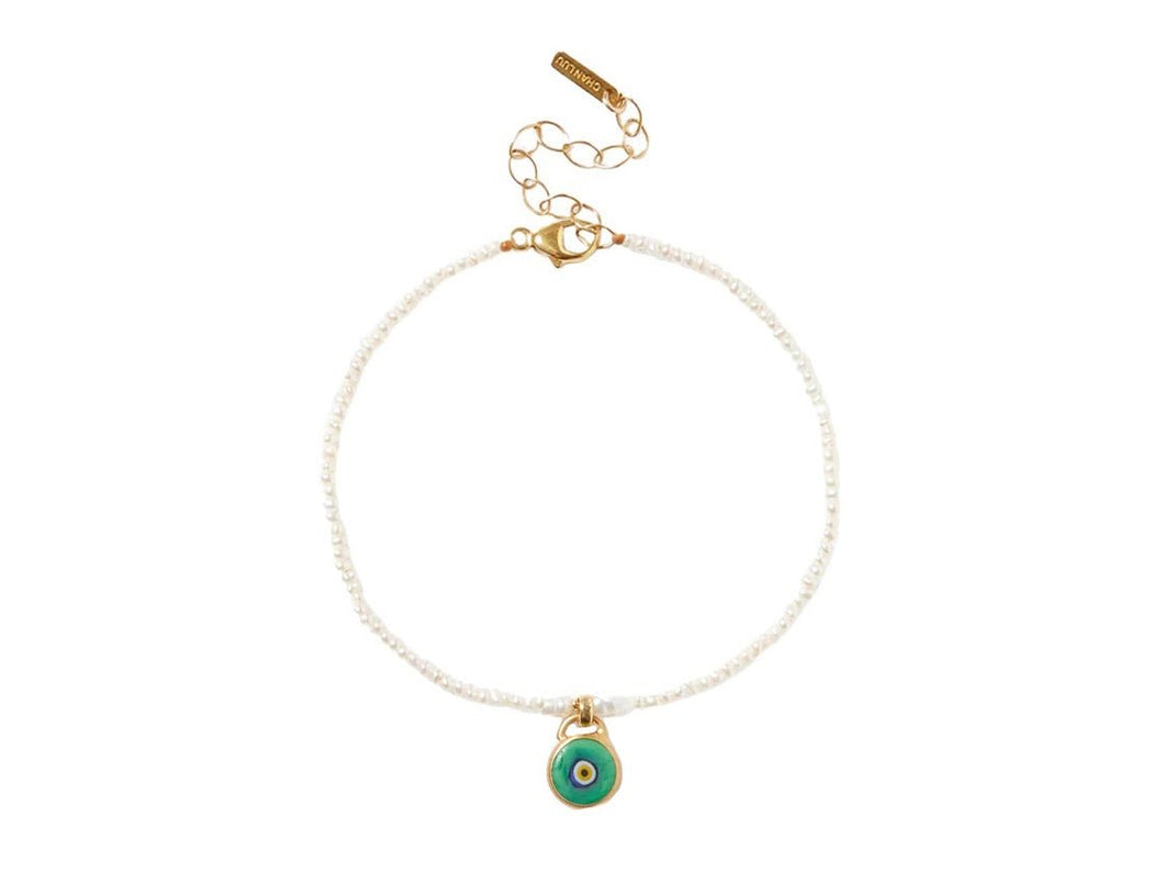 Rice Pearl Bracelet with Green Evil Eye Pendant
