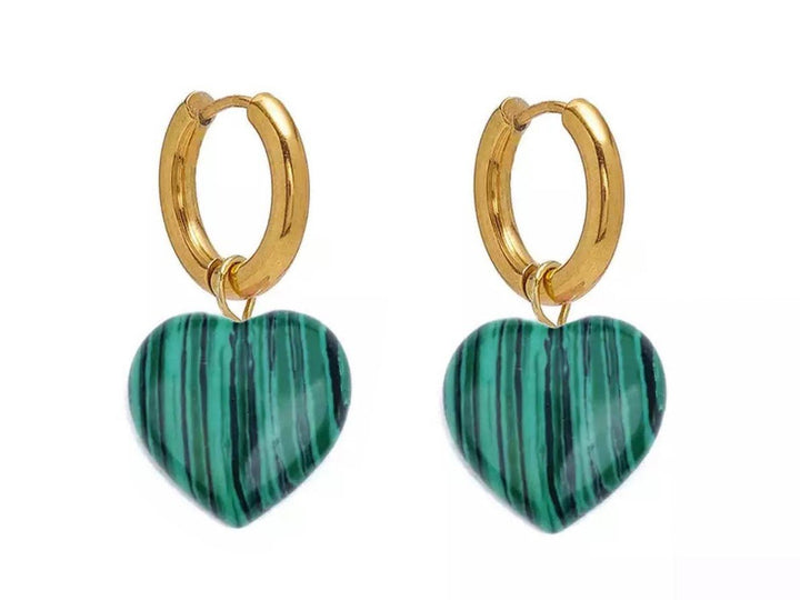 Malachite Heart Huggie Hoop Earrings