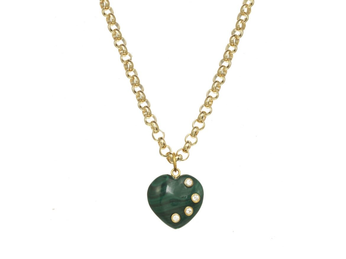 Malachite and CZ Heart Charm Necklace