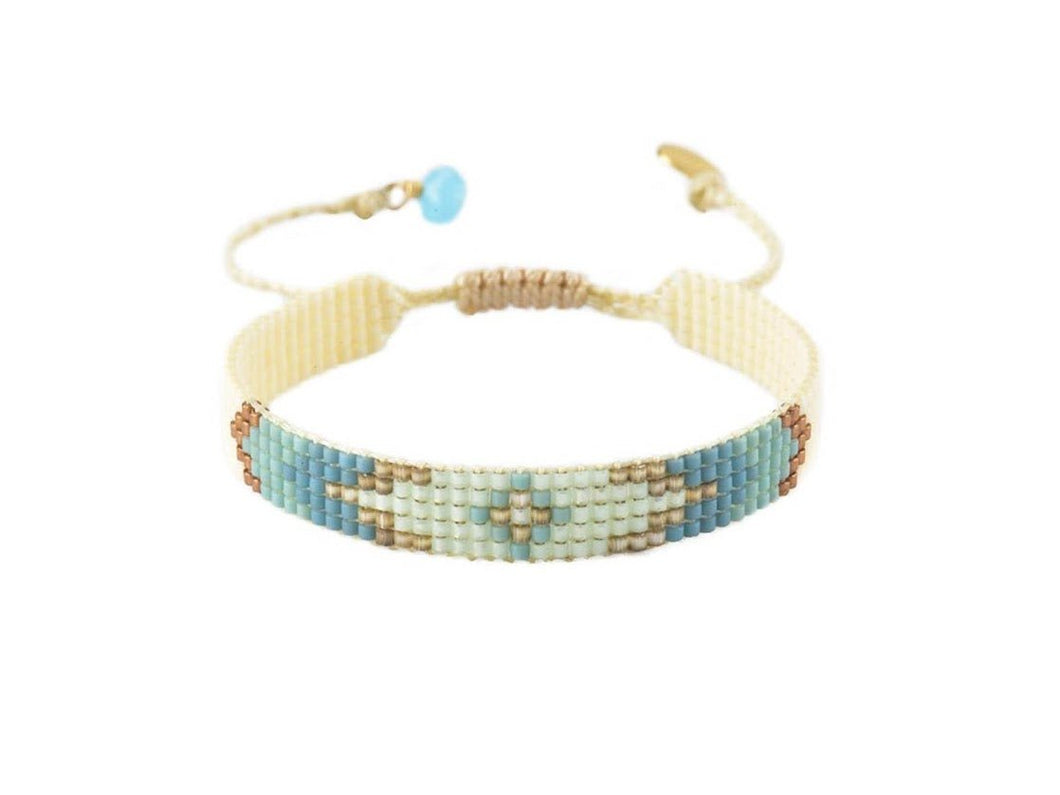 Narrow Abstract Evil Eye Bracelet in Blue, Teal, and Gold